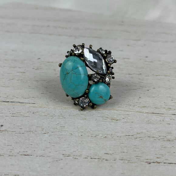 VTG Y2K Urban Outfitters Turquoise Howlite Rhinestone Statement Ring Gold 6-6.5 - Picture 4 of 16